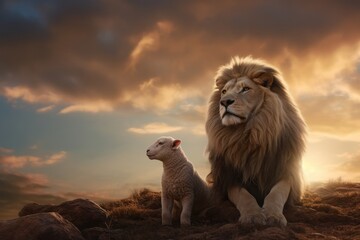 paradise concept of a lion and a lamb. Symbol of Christ. Lion of Judah - obrazy, fototapety, plakaty