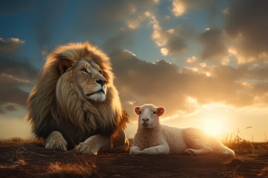 vibrant sunset featuring a large lion and white lamb living in harmony. Innocence and Sacrifice. Lion of Judah