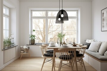 Scandinavian dining room with a simple, light background. Generative AI