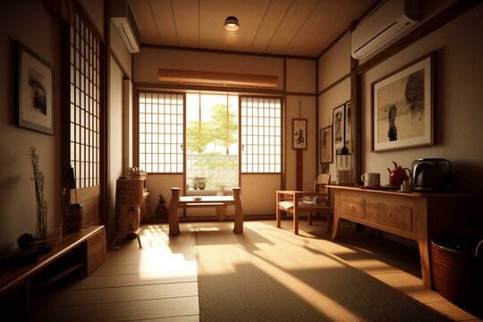 Japanese interior design with a calm and simple ambiance. Generative AI