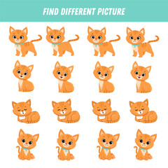 Find different kitten in each row. Logical game for kids. Cartoon cat. Vector