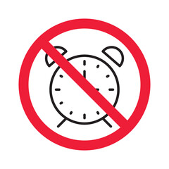 Forbidden clock vector icon. Warning, caution, attention, restriction, label, ban, danger. No alarm clock flat sign design pictogram symbol. No clock icon