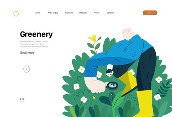 Greenery, ecology -modern flat vector concept illustration of a man in plants, looking at the bug through the lens. Metaphor of environmental sustainability and protection, closeness to nature - obrazy, fototapety, plakaty