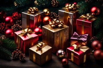 Fototapeta na wymiar Extravagant and beautifully wrapped Christmas presents