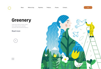 Greenery, ecology -modern flat vector concept illustration of a man painting a mural of a woman, composed with landscape. Metaphor of environmental sustainability and protection, closeness to nature © grivina