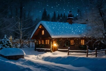 Snow-covered cottage with twinkling Christmas lights