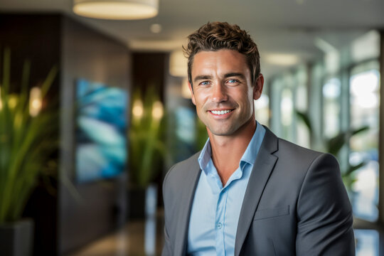 Clean shaven man in suit standing in office foyer with plants in background.