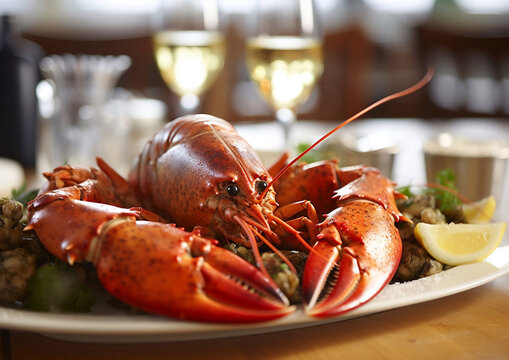 Fresh lobster meal with champagne in fine dining restaurant.Macro.AI Generative