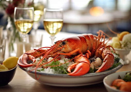 Fine dining restaurant with lobster and white wine on table.Macro.AI Generative