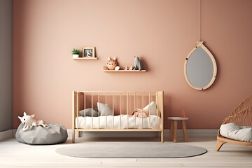 Soft and cozy baby room interior background, baby crib, Scandinavian style.