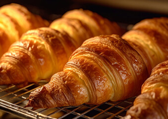 Fresh sweet croissants in bakery oven.Macro.AI Generative
