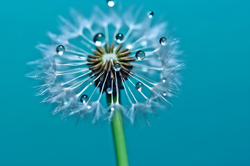 Dandelion flower seeds with water drops on a blue background, there is copy space for text, template.