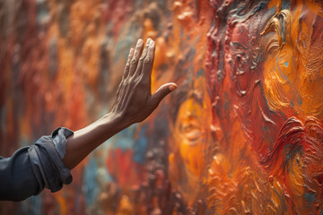 A close-up of a person's hand painting a mural on a public wall, depicting community legends. Generative Ai.