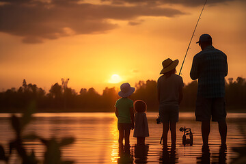 Dark silhouettes of a happy family fishing together, soft sunset light, lake.