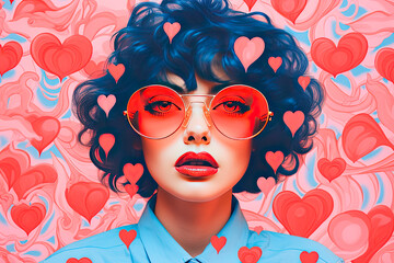portrait of a young woman with glasses with hearts background. shotlistretro design