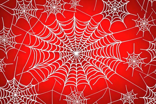 On a red background, a cartoon cobweb is drawn. picture of a spider in flat vector. 