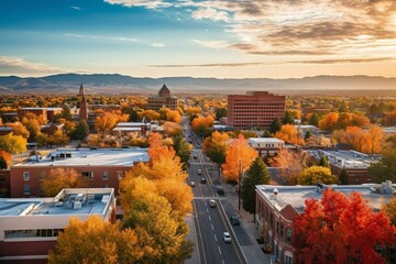 Autumnal aerial view of downtown in Fort Collins, Colorado. Generative AI - obrazy, fototapety, plakaty