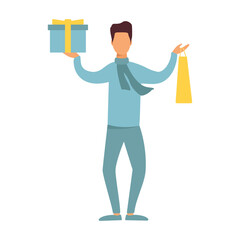 Holiday discounts. A man goes shopping. Vector illustration.
