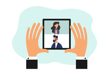 Online video conference or meeting on tablet concept. Vector illustration