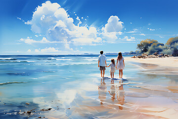 Illustration of a family on vacation enjoying views of the beach, sea water and clear skies.