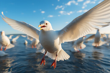 Fototapeta premium A flock of seagulls flies over the sea as the sky clears.