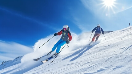 Skiers in ski resort. Generative Ai