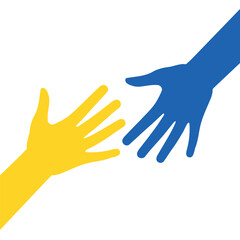 Support Ukraine. Help, save, pray for. Two Hands colors of Ukraine flag. Stop War. Blue and yellow.