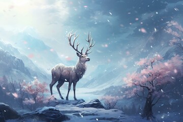 A sparkling reindeer in a snowy landscape. Generative AI