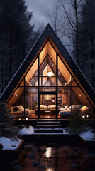 Cabin in the shape of an A with glass windows in the forest in winter