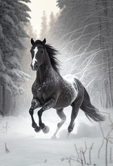 A horse is running through a winter forest and snow is flying around them. AI Generated