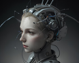 3d rendering of a female robot with broken glass on her head