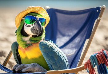 Parrot Ara wearing sunglasses at the sea. AI Generated