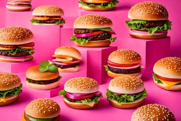 several hamburgers on a pink backdrop.