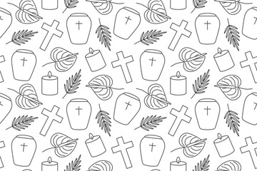 seamless pattern with funeral line icons: cross, urn, candle, anthurium flower and leaves- vector illustration