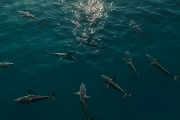 Aerial view of hammerhead sharks swimming in a group in the deep ocean. Generative AI - obrazy, fototapety, plakaty