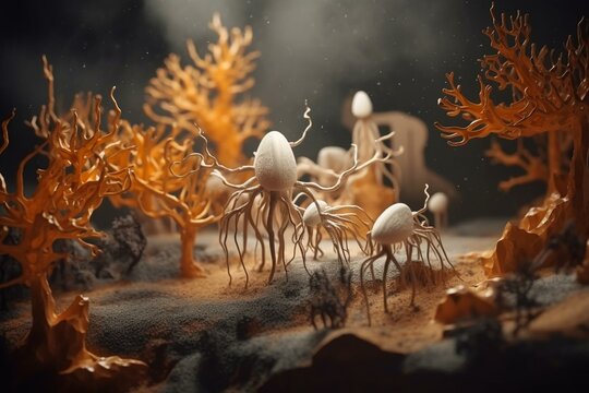 Abstract cordyceps fungus hypha mycelium background with scary creatures. Generative AI