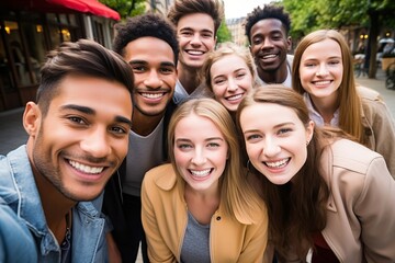 Fototapeta premium Multiethnic Young friends smiling at camera. AI Generated.