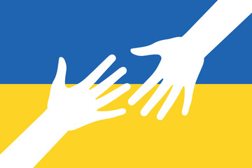 Support Ukraine. Help, save, pray for. Two Hands colors of Ukraine flag. Stop War. Blue and yellow.