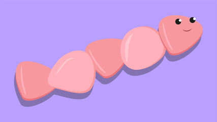 Cute pink worm made of stones on a purple background. Vector illustration in cartoon style.