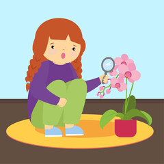 Little girl looking at flowers through magnifying glass. Vector illustration.