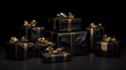 black and gold gifts on a black background