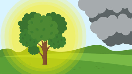 Green tree in the field with clouds and sun. Vector illustration.