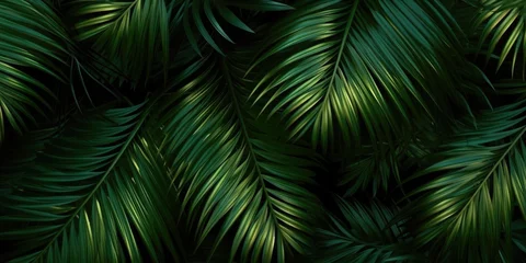 Foto op Canvas Dark green palm leaves dramatic photo effect background, realism, realistic, hyper realistic. Generative AI image weber. © Summit Art Creations