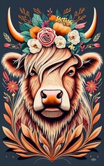 Scottish highland cow. Beautiful highland cow with flowers on her head floral headband. Generative AI	