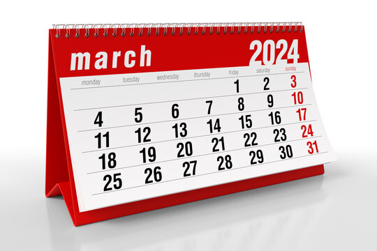 March 2024 Calendar. Isolated on White Background. 3D Illustration