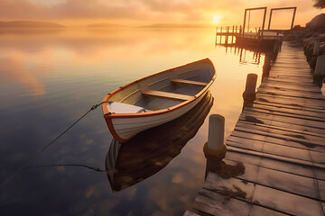 Small wooden boat on the sea with reflected sunlight in autumn, calm water, pier.