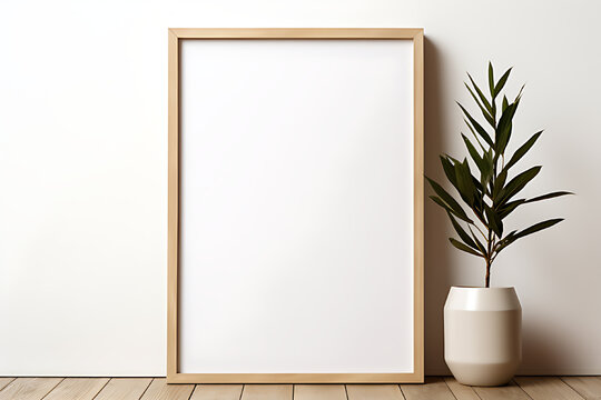 Blank white vertical wooden frame on floor with white walls.