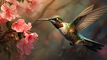 A close-up of a hummingbird suspended mid-flight, sipping nectar from a vibrant blossom 