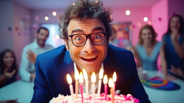 Happy and smiling teacher with joyful crazy look celebrates his birthday at classroom in front a cake with candles. Generative AI