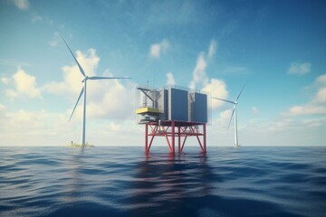 An offshore hydrogen production system with a wind turbine farm in the sea. Generative AI